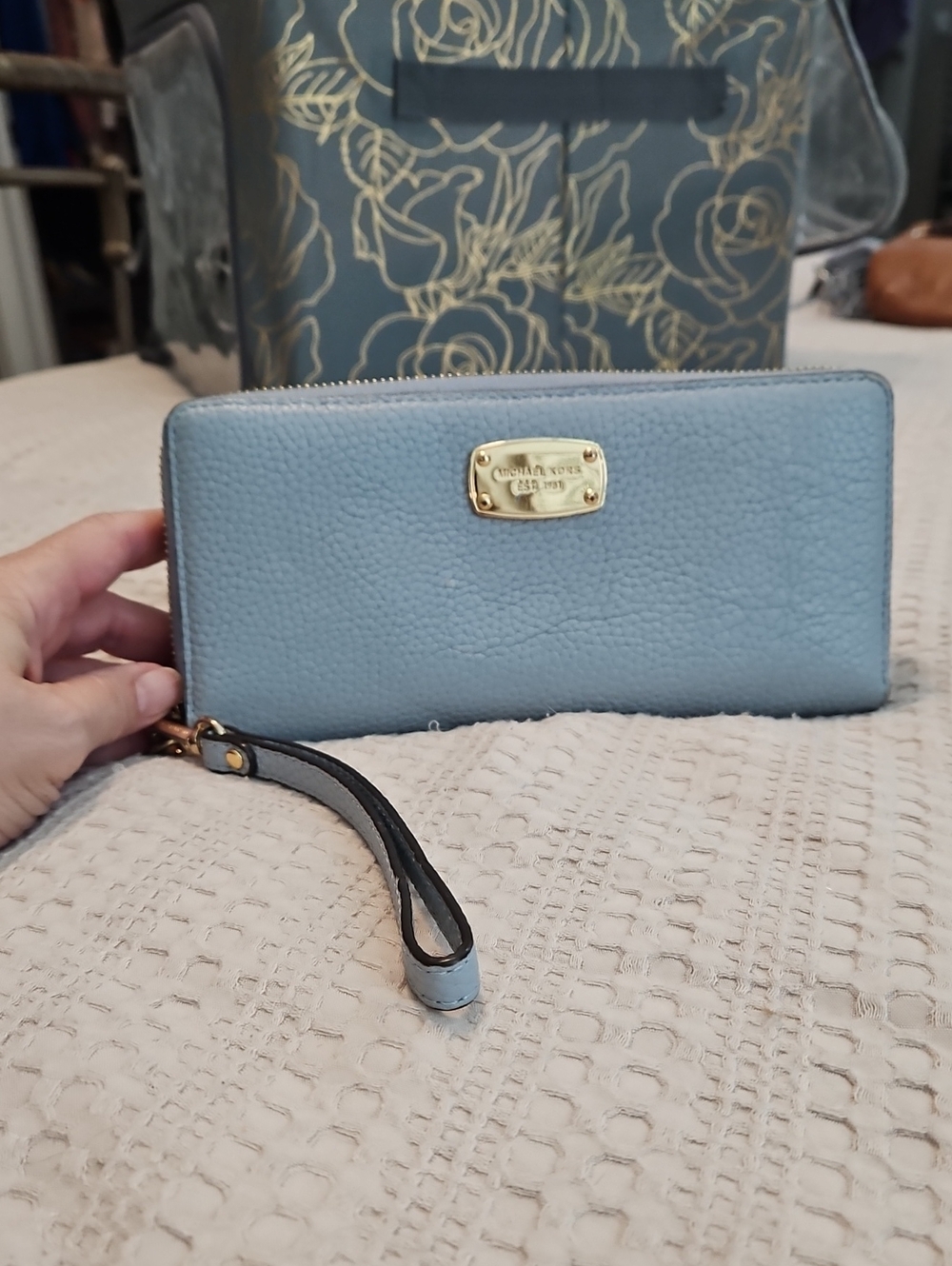 Michael Kors Light Blue Pebbled Leather Zip Wristlet